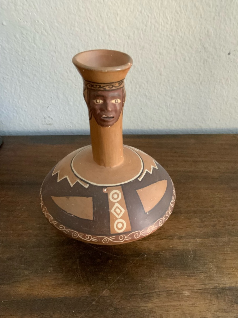 Handmade Tribal-Inspired Terracotta Face Vase in Brown and Tan